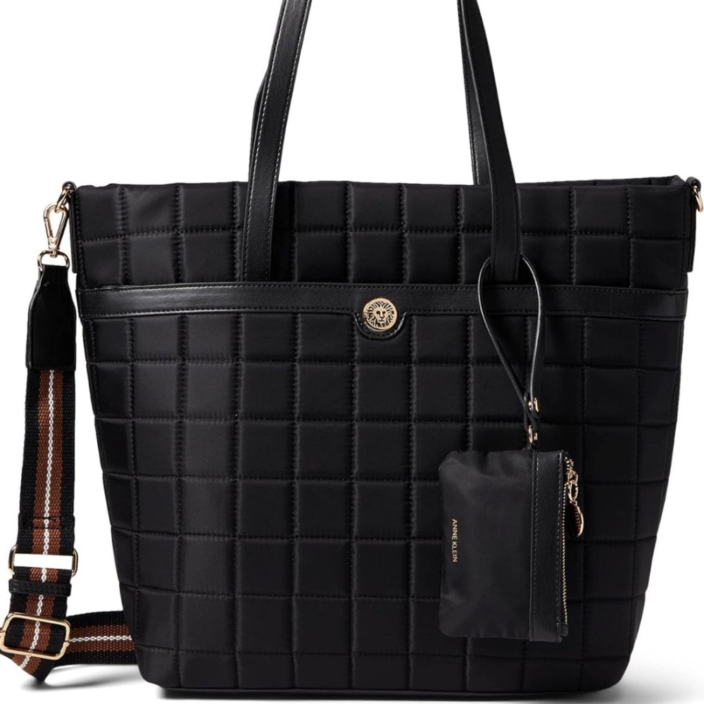 Anne Klein Quilted Nylon Tote, Black/Black/Black-Cognac-White